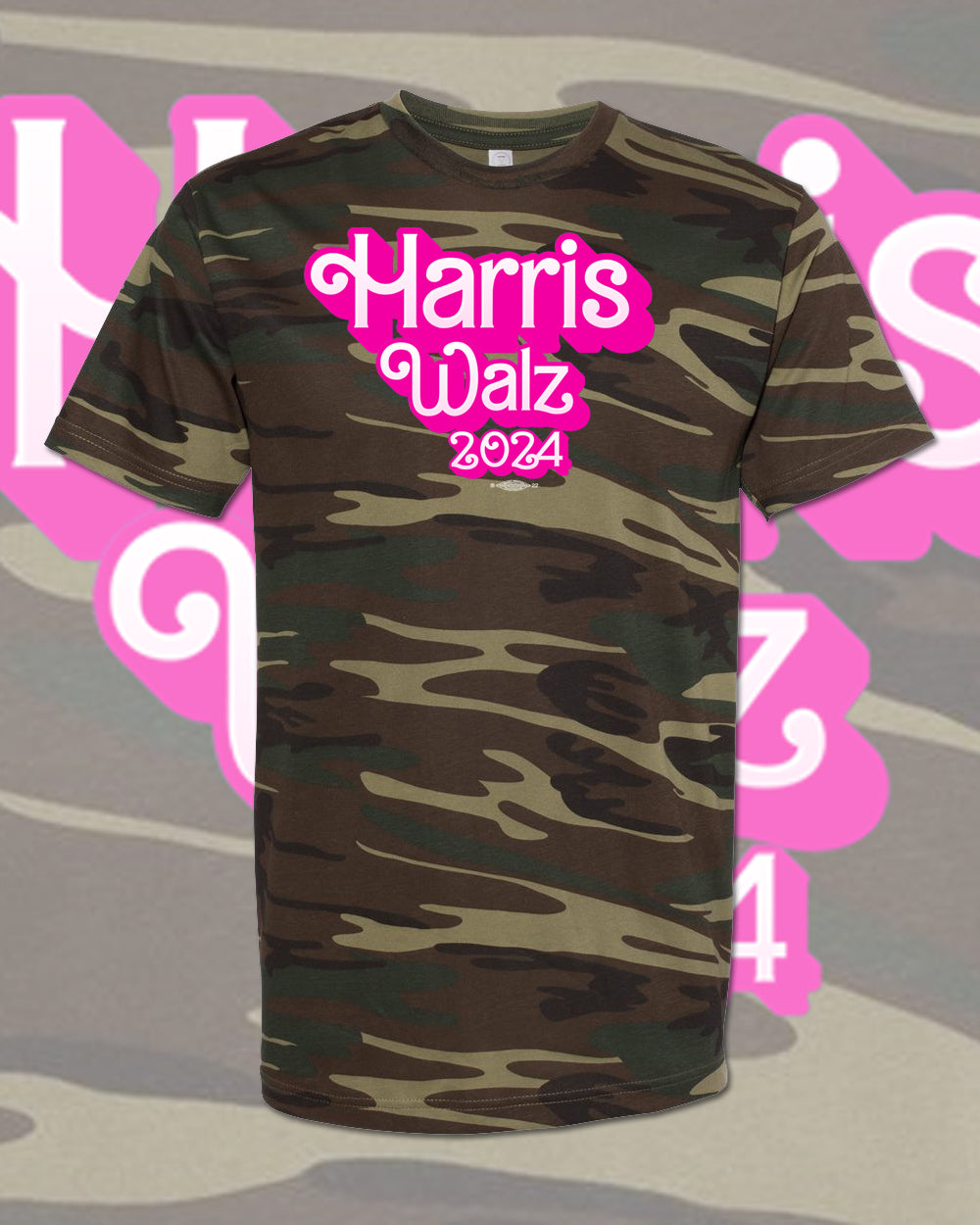 Harris Walz 2024 Barbilicious unisex camo pattern, in green or pink