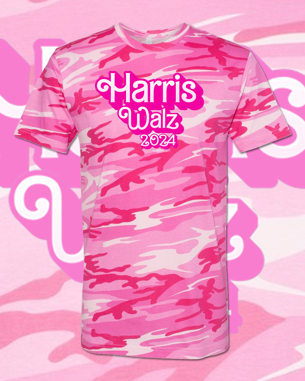Harris Walz 2024 Barbilicious unisex camo pattern, in green or pink